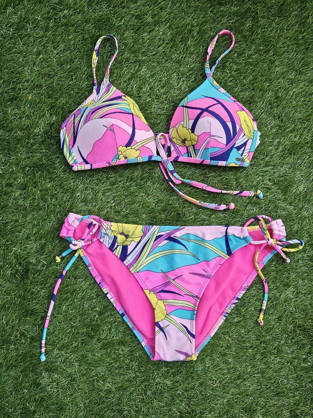 Roxy Tropical Bright Floral Bikini Set Vibrant Pink Turquoise Swimsuit Medium